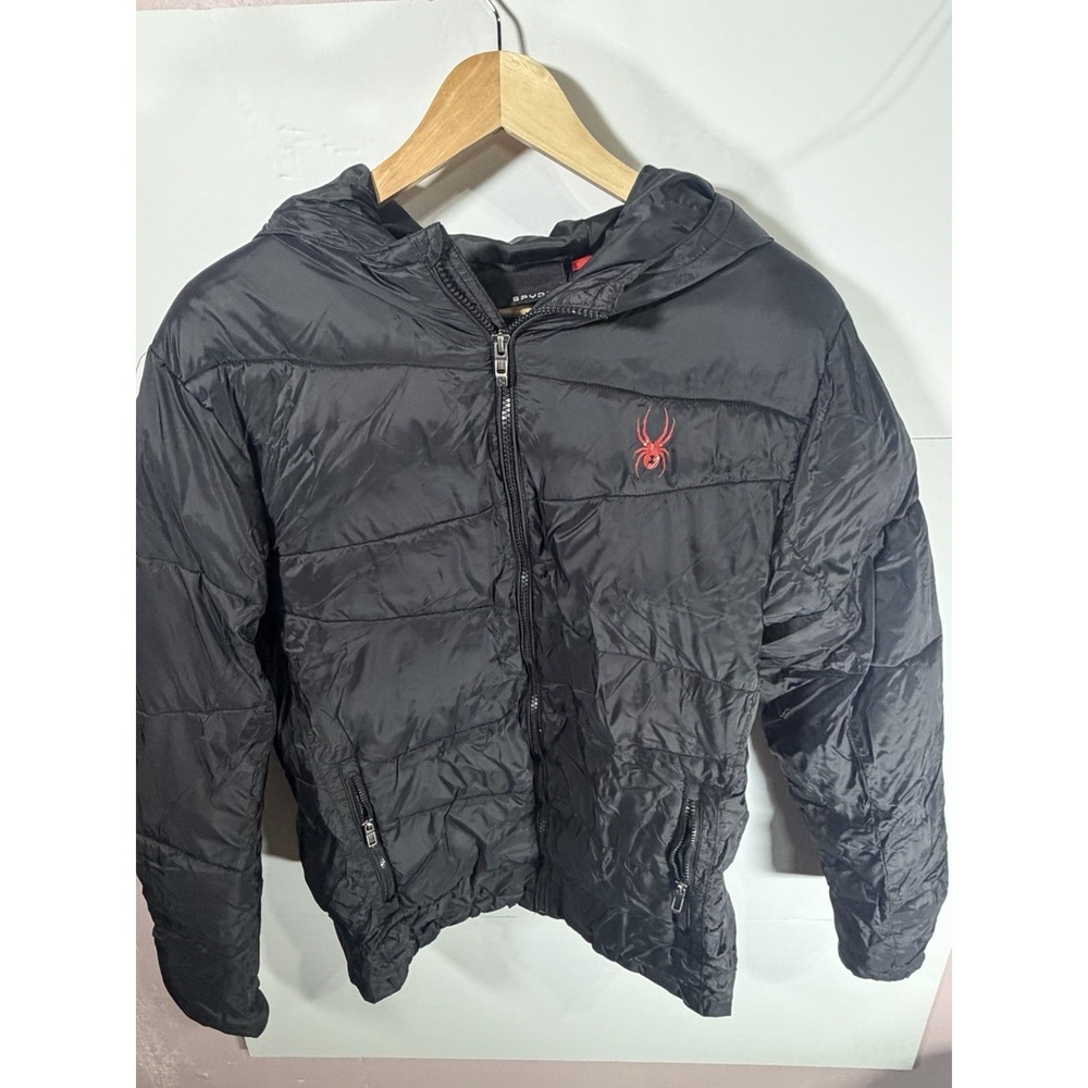 Spyder Puffer Jacket Mens Medium Black Full Zip Hooded Lightweight Coat